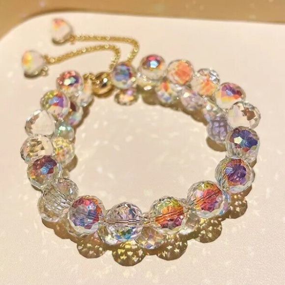 Rainbow Crystal Bracelet Shiny Stone Beads Adjustable - Picture 1 of 3
